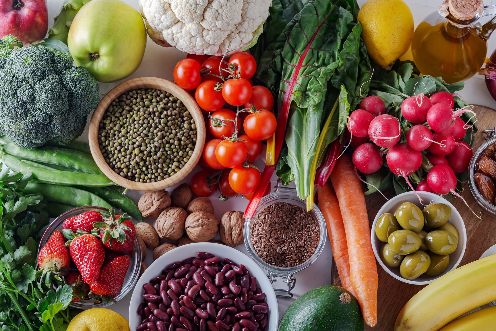 Top view of selected clean and healthy foods